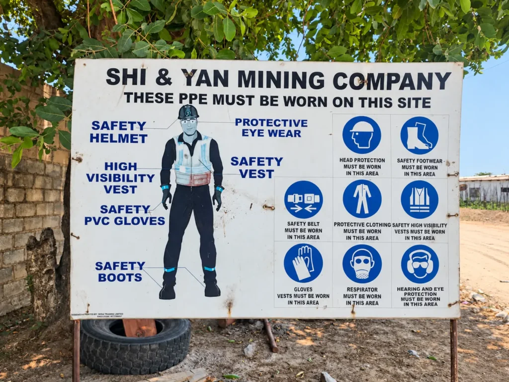 Site PPE safety sign at the Shi and Yan mining facility