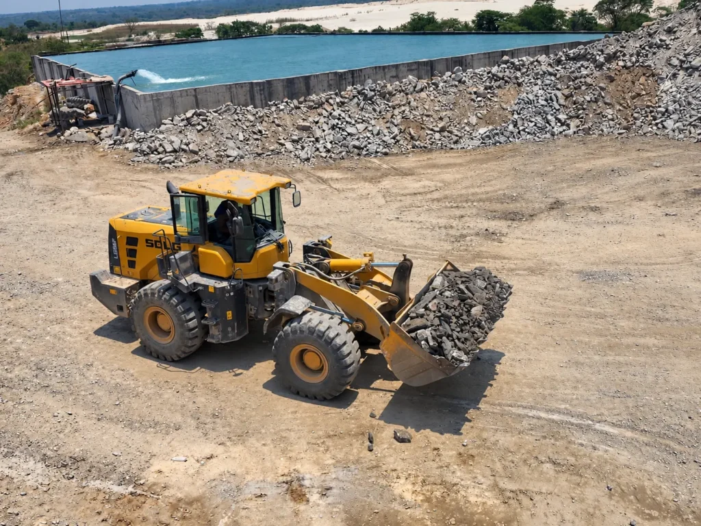 Wheel loader carrying rock at the Shi and Yan mining facility
